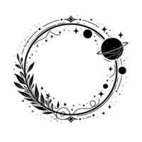 Celestial botanical wreath black white illustration featuring planets, stars, foliage in a circular design. vector
