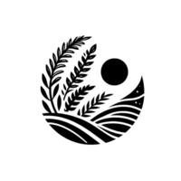 Black and white circular illustration of a landscape with wheat, rolling hills, and a central sun, resembling a or symbol. vector