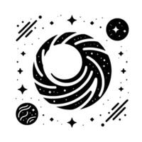 Black and white celestial illustration depicting a stylized cosmic vortex, surrounded by stars, planets, and diagonal strokes on white background. vector
