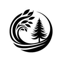Abstract black and white forest logo, circle composition featuring tree, leafy branch, nature, and a minimalist design. vector