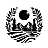 Monochrome nature crest circular landscape with mountains, sun, trees, and leafy laurel, a minimalist vector