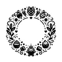 Black and white circular decorative frame with floral and dessert elements, including cupcakes, hearts, and ornate designs on a white background. vector
