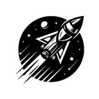 A black and white illustration of a rocket ship blasting off from a circular black background with a moon and stars, conveying space exploration. vector