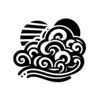 Stylized black and white illustration of swirling clouds and sun, featuring bold lines and shadow effects. vector