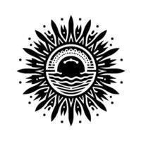 Intricate black and white circular design sun and sea elements enclosed in a stylized ornamental border on a white backdrop. vector
