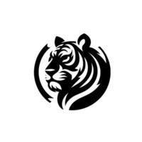 A bold, depiction of a tigers head within a circular frame, rendered in stark black and white, creating a powerful and minimalist design. vector