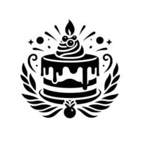 Black and white illustration of a tiered cake with dripped icing, adorned with whipped cream and berries, surrounded by a laurel wreath. vector