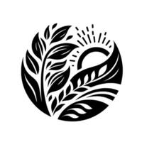 Black and white circular design botanical illustration of leaves, plants, and a sun, symbolizing natures harmony and growth. vector
