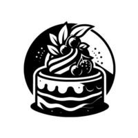 Elegant black and white cake illustration with cherries, whipped cream, and leaves, surrounded by a circle. vector