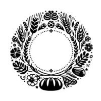 Stylized black and white circular wreath of wheat, flowers, leaves, and bread with dotted inner circle for elegant flourish. vector