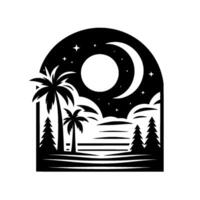 Silhouette of a tropical landscape at night within a rounded frame, featuring palm trees, moon, stars, and a stylized horizon. vector