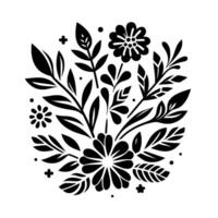 Black and white floral arrangement a symmetrical, stylized illustration featuring various flowers and leaf patterns arranged in a circular composition on a plain white background. vector