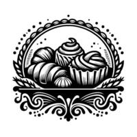 Elegant black and white bakery emblem featuring croissants, cupcakes, and decorative flourishes within an ornate, circular frame. vector