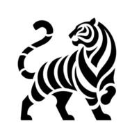 Bold, stylized black and white illustration of a powerful tiger in a static pose, featuring clean lines and a minimalist design, isolated on a white background. vector