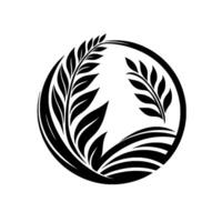 Elegant black and white wheat emblem inside a circle, representing agriculture, nature, and harvest with detailed leaf patterns vector