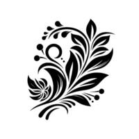 Elegant black floral design, swirling leaves and berries, symmetrical pattern, minimalist aesthetic, on clean white background, perfect for vector