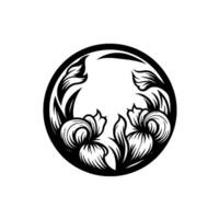 Intricate black and white floral within a circular frame, showcasing elegant line art and negative space. vector