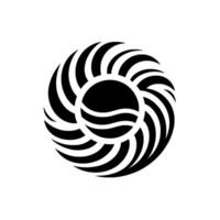 Black and white circular swirl with a central eyelike element and inner wave pattern on a white backdrop. vector