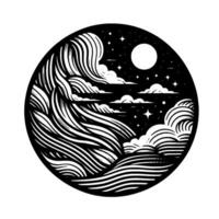 Black and white circular artwork, showcasing a stylized ocean scene with waves, clouds, a full moon, and starry night sky, creating a tranquil, minimalist aesthetic. vector