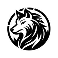 A minimalist black and white stylized wolf head logo, centered within a circular frame, embodying strength and wildness. vector