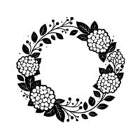 Elegant black and white floral wreath with hydrangeas, leaves, and berries, circular on white background. vector