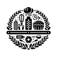Circular black and white minimalist illustration of baking elements chefs hat, whisk, muffin, ingredients, and utensils, framed by laurel leaves. vector