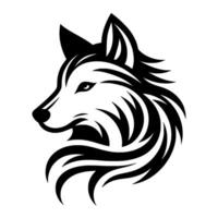 Stylized wolf head in black and white, featuring a dynamic, tribalinspired design, isolated on a white background. vector