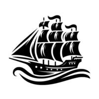 Silhouette of a classic sailing ship with full sails on choppy waves, monochromatic, nautical theme vector