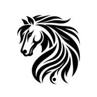 A stylized monochromatic illustration of a proud horse head in profile, featuring flowing mane, bold linework, and a stark contrast. vector