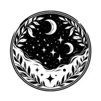 Celestial roundel, featuring two crescent moons, stars, stylized foliage border, and a cosmic landscape in a black and white monochrome design. vector