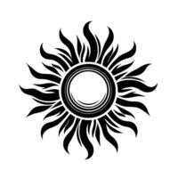 Bold black and white sun symbol circular with radiating flamelike rays, on a minimalist white background vector