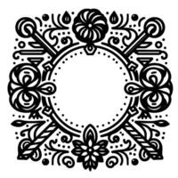 Intricate black and white circular ornamental with floral, foliage, and swirls, featuring key elements vector