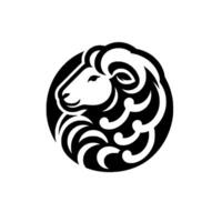Stylized ram head emblem in monochrome, featuring curved horns, set in a black circle with shadows. vector