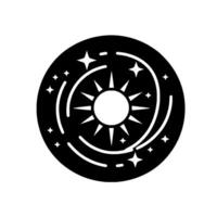 Black and white celestial symbol a central sun surrounded by swirling lines and sparkling stars in a circular frame. vector