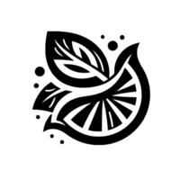 Abstract black and white stylized lemon slice with leaves and dots, flat on white background. vector