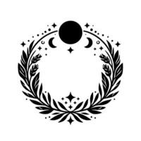 Intricate black and white celestial wreath moon, stars, and leafy branches, decorative circular design. vector