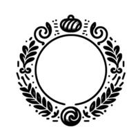 Ornate, symmetrical black and white circular frame with leaves, swirls, and a central empty circle. vector