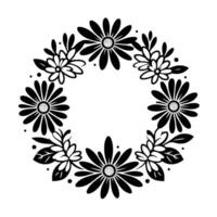 A symmetrical black and white floral wreath featuring daisies and leaf clusters encircling a blank white center, perfect for design. vector