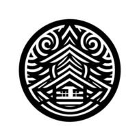 Black and white circular emblem featuring a stylized japaneseinspired house with a layered geometric and symmetrical decorative elements. vector