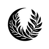 Elegant black and white botanical wreath illustration symmetrical design, leafy elements forming a circular emblem, on a clean background. vector