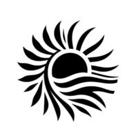 Black and white stylized sun emblem, with curved rays and wave elements, set against a pristine white backdrop. vector
