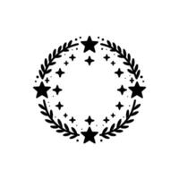 Black and white circular wreath with leafy branches, stars, and crosses arranged symmetrically, evoking a minimalist, festive, and celestial feeling. vector