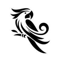 Striking black and white illustration of a parrot perched on a branch, featuring bold, modern lines and minimalist vector