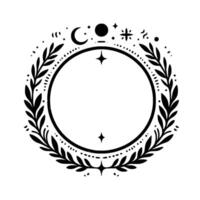 Celestial wreath a monochrome featuring crescent moon, stars, floral elements, dot details, circle frame on white background. vector