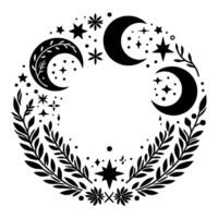 Celestial wreath crescent moons, stars, and botanical elements in a decorative black and white circular design. vector