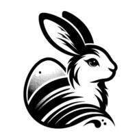 Stylized black and white illustration of a rabbit profile juxtaposed with an egglike form, minimalist and clean. vector
