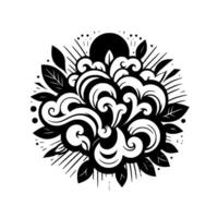 Intricate black white floral with swirls, leaves, and a central black circle, radiating lines and dots, elegant and symmetrical. vector