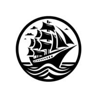 A stylized black and white circular emblem featuring a detailed silhouette of a classic sailing ship on ocean waves, with clouds. vector