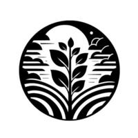 Black and white circular of a plant growing in a field, under a stylized sun and clouds, symbolizing growth and nature. vector