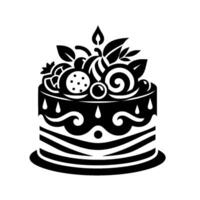 Black and white illustration of a tiered cake with fruit and leaves, and a candle. vector